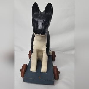 Vintage Hand Painted Wooden Tuxedo Cat Pull Toy Figurine on Wheels